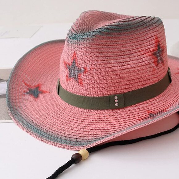 3413 Western Cowboy Hat, Pink Adjustable Straw Sun Hats,pentagram Wide Brim main image 7